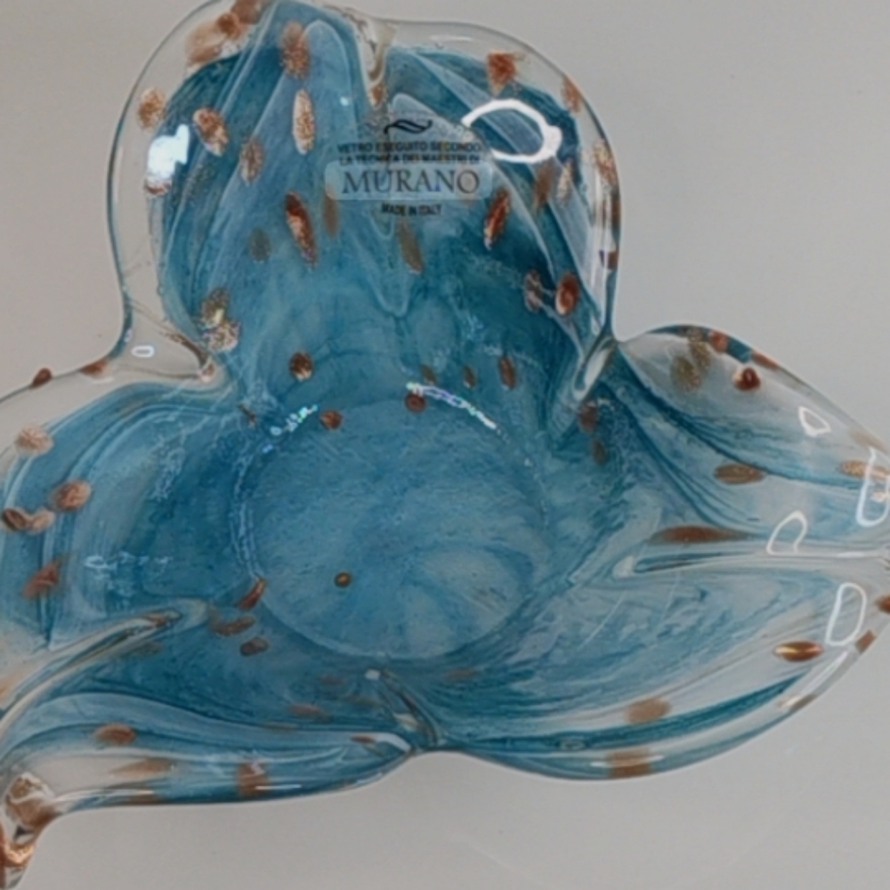 HandBlown Murano Lavorazione Blue Petal Art Glass Bowl with Gold Aventurine - Picture 7 of 10